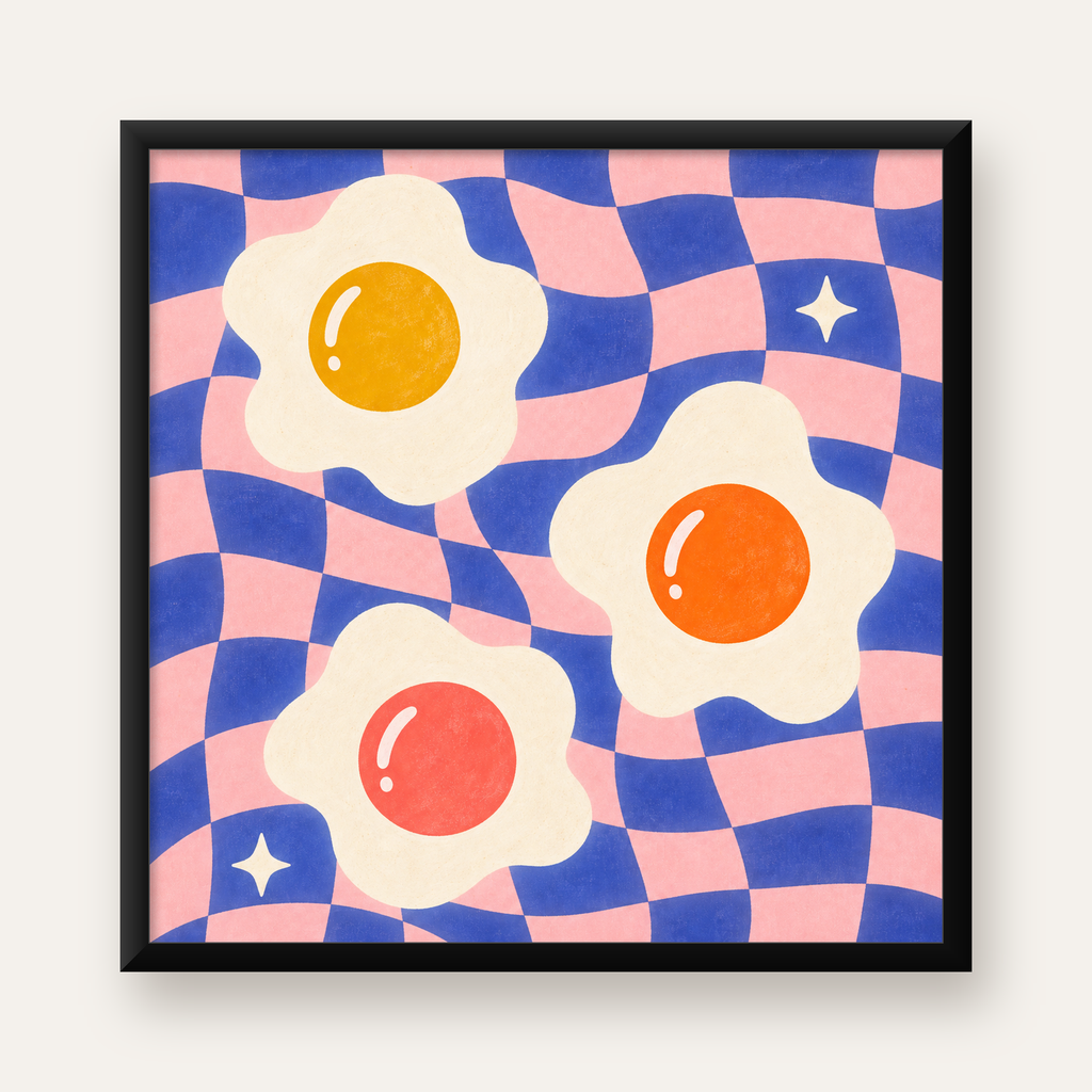Renkli Yumurta ve Dalgalı Desenli Pop-Art Poster — Kare baskı, düz siyah çerçeveli duvar posteri