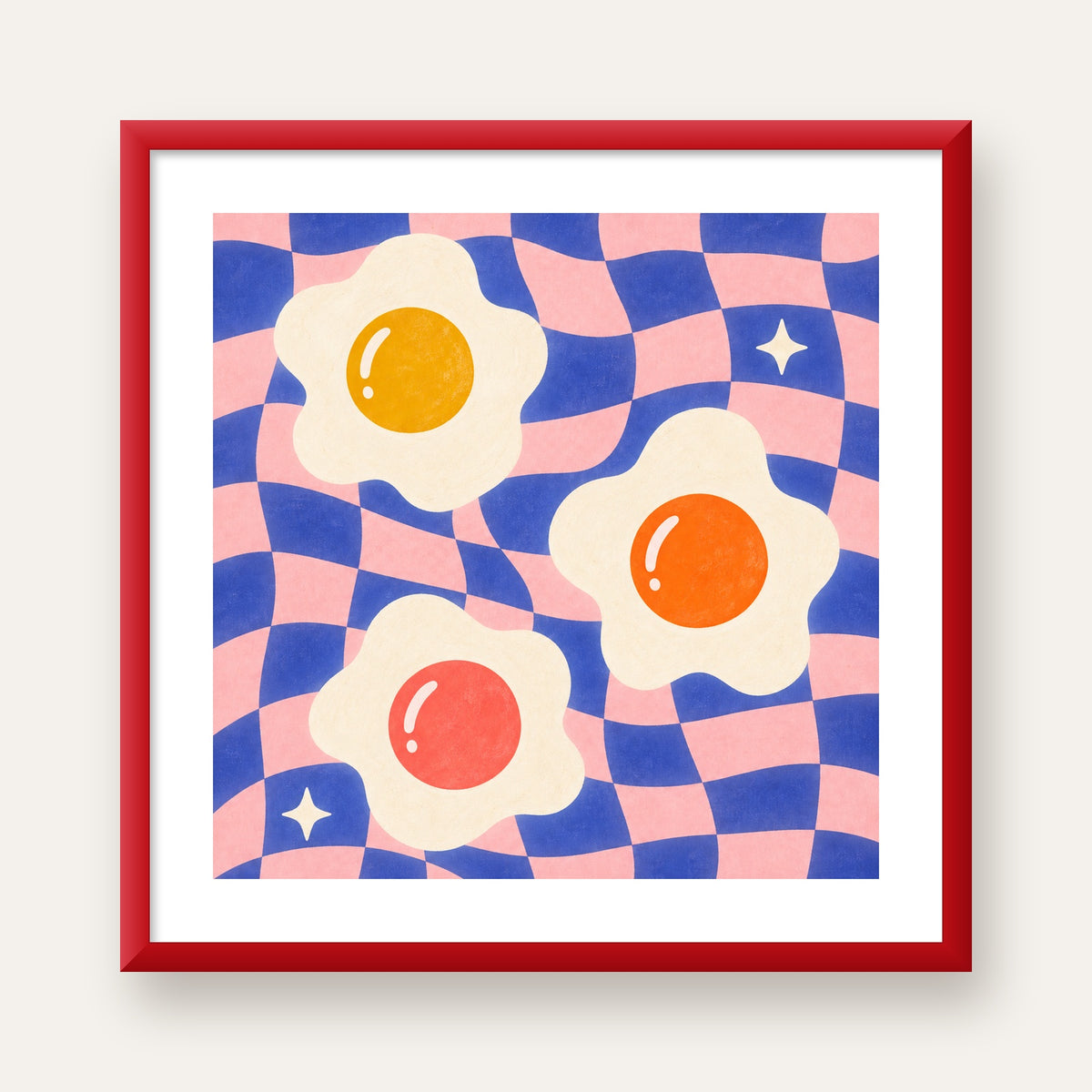 Renkli Yumurta ve Dalgalı Desenli Pop-Art Poster — kırmızı çerçeveli paspartulu