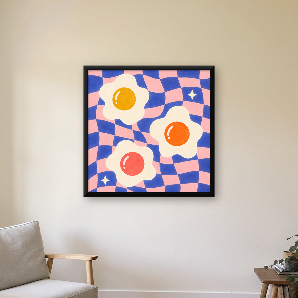 Renkli Yumurta ve Dalgalı Desenli Pop-Art Poster — Kare baskı, çerçeveli hâliyle bir ev duvarında
