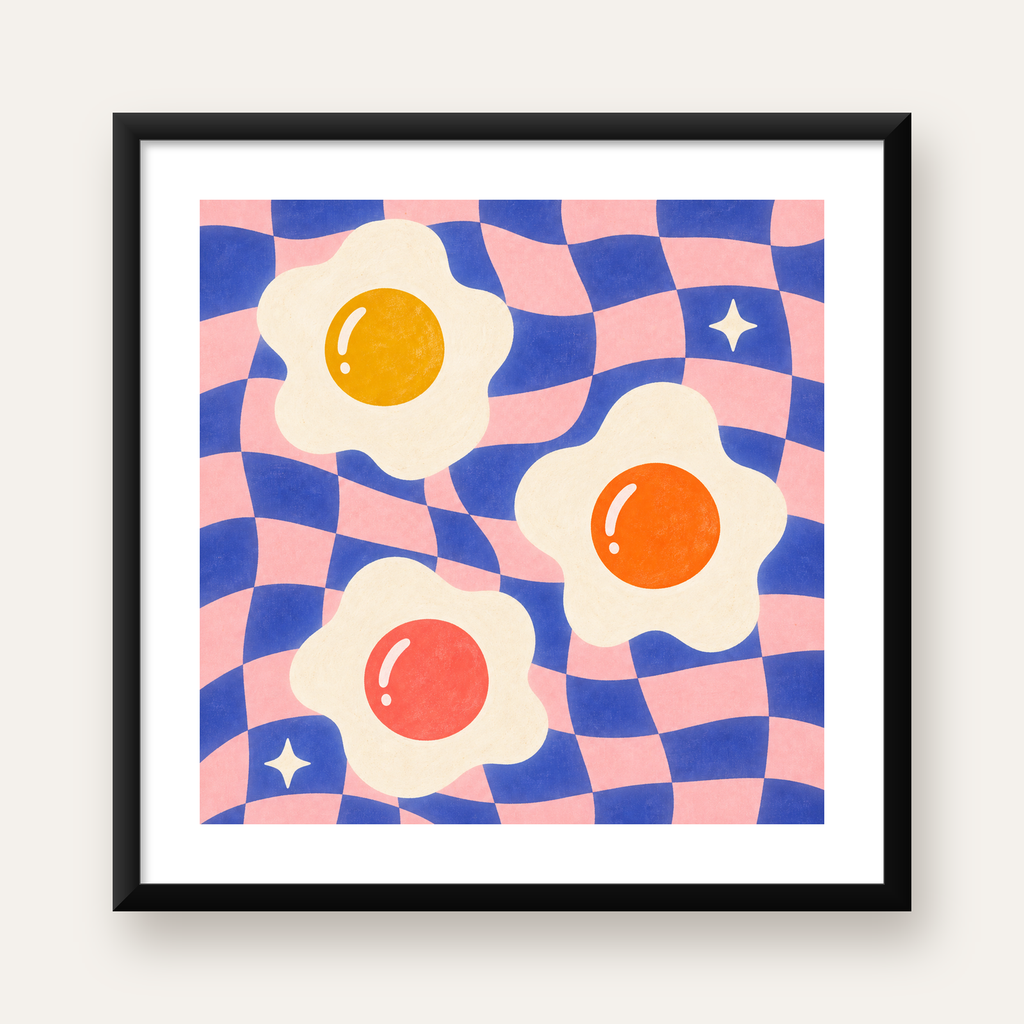 Renkli Yumurta ve Dalgalı Desenli Pop-Art Poster — Kare baskı, beyaz paspartulu