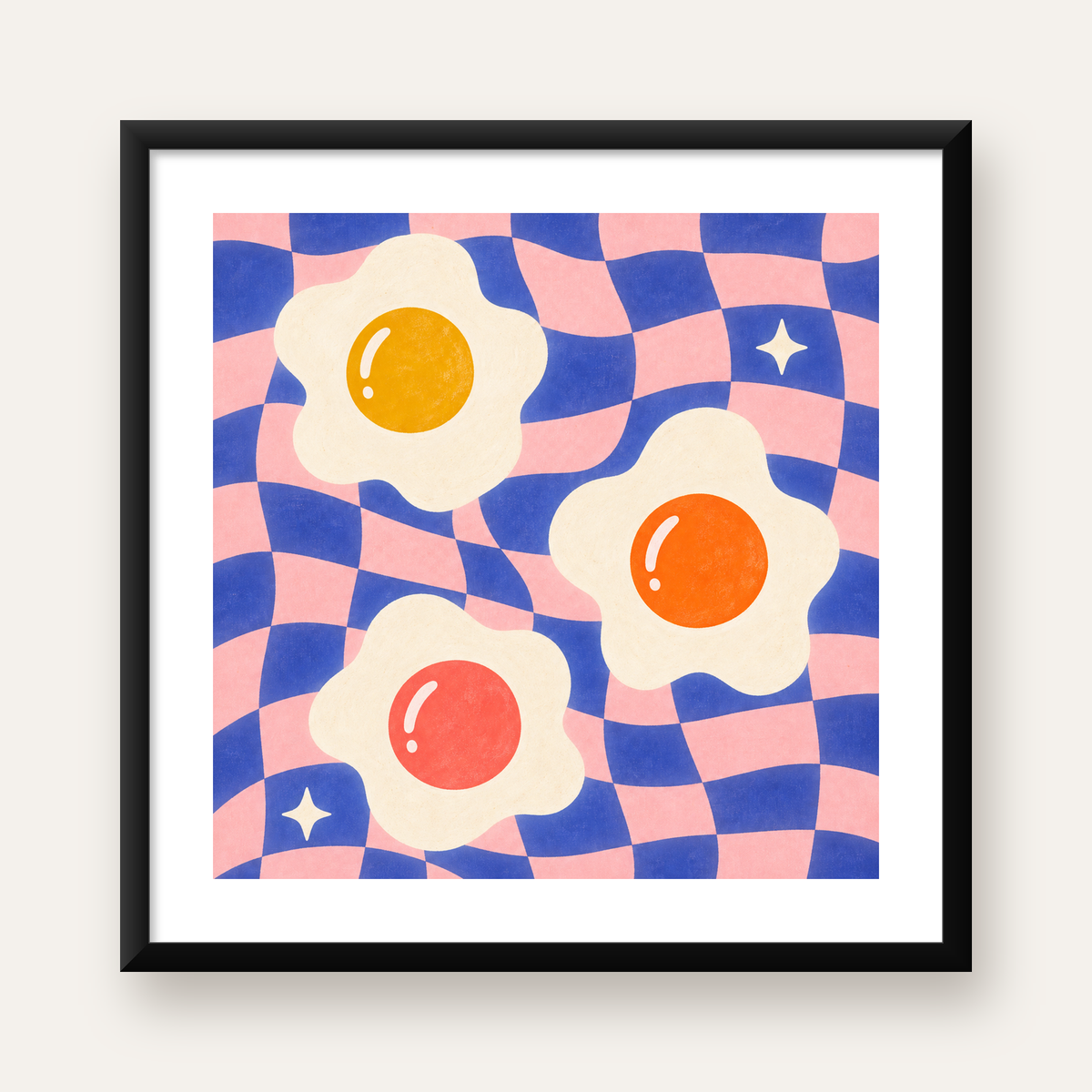 Renkli Yumurta ve Dalgalı Desenli Pop-Art Poster — Kare baskı, beyaz paspartulu
