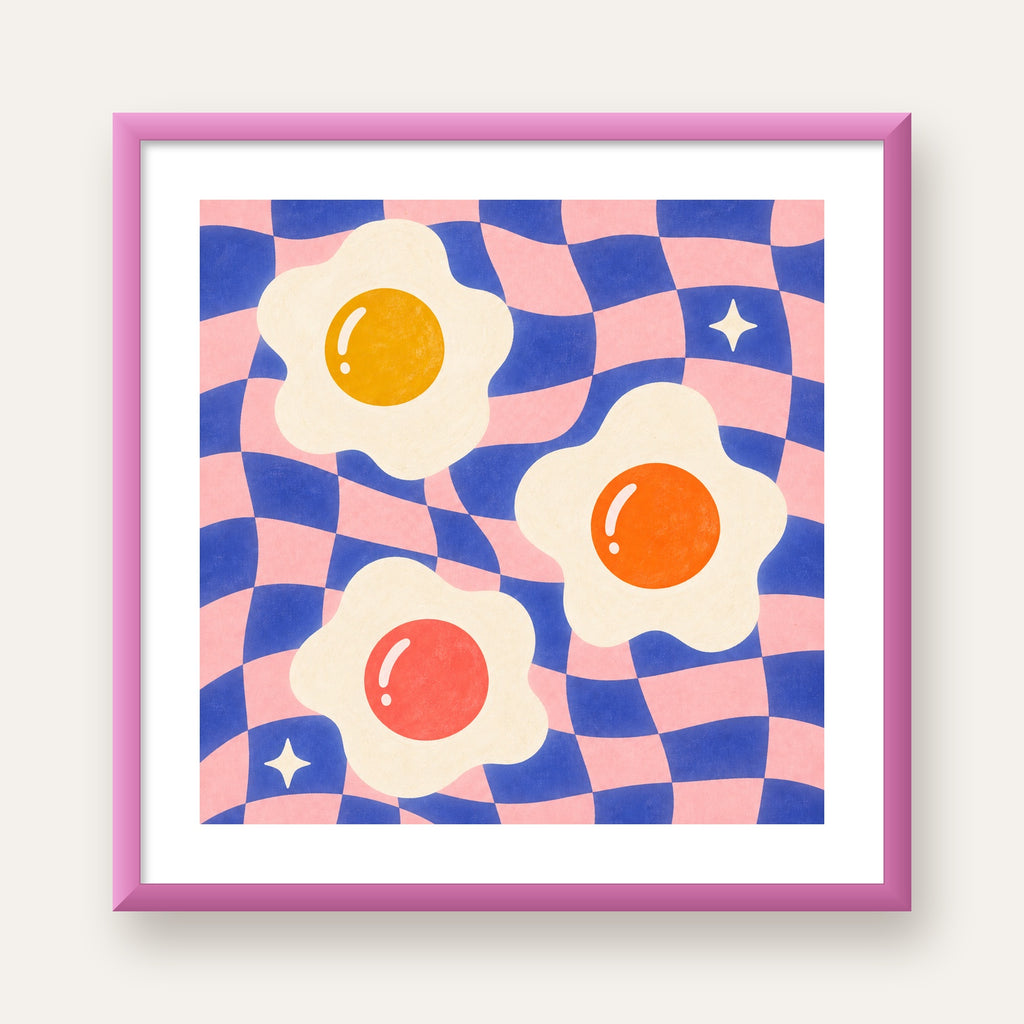 Renkli Yumurta ve Dalgalı Desenli Pop-Art Poster — pembe çerçeveli paspartulu