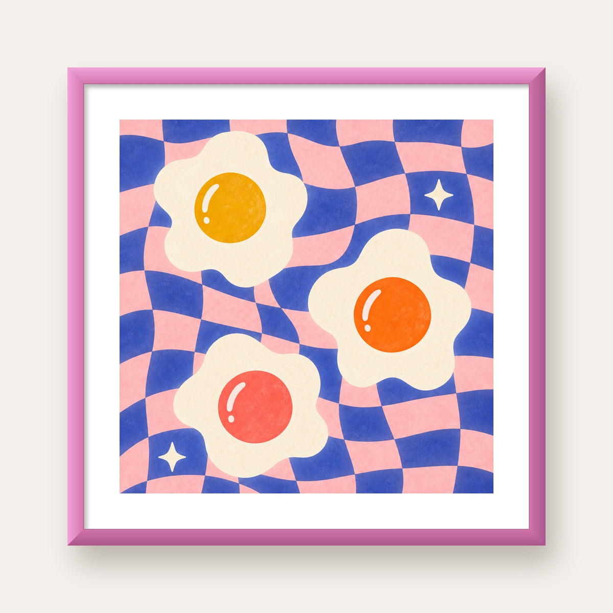 Renkli Yumurta ve Dalgalı Desenli Pop-Art Poster — pembe çerçeveli paspartulu