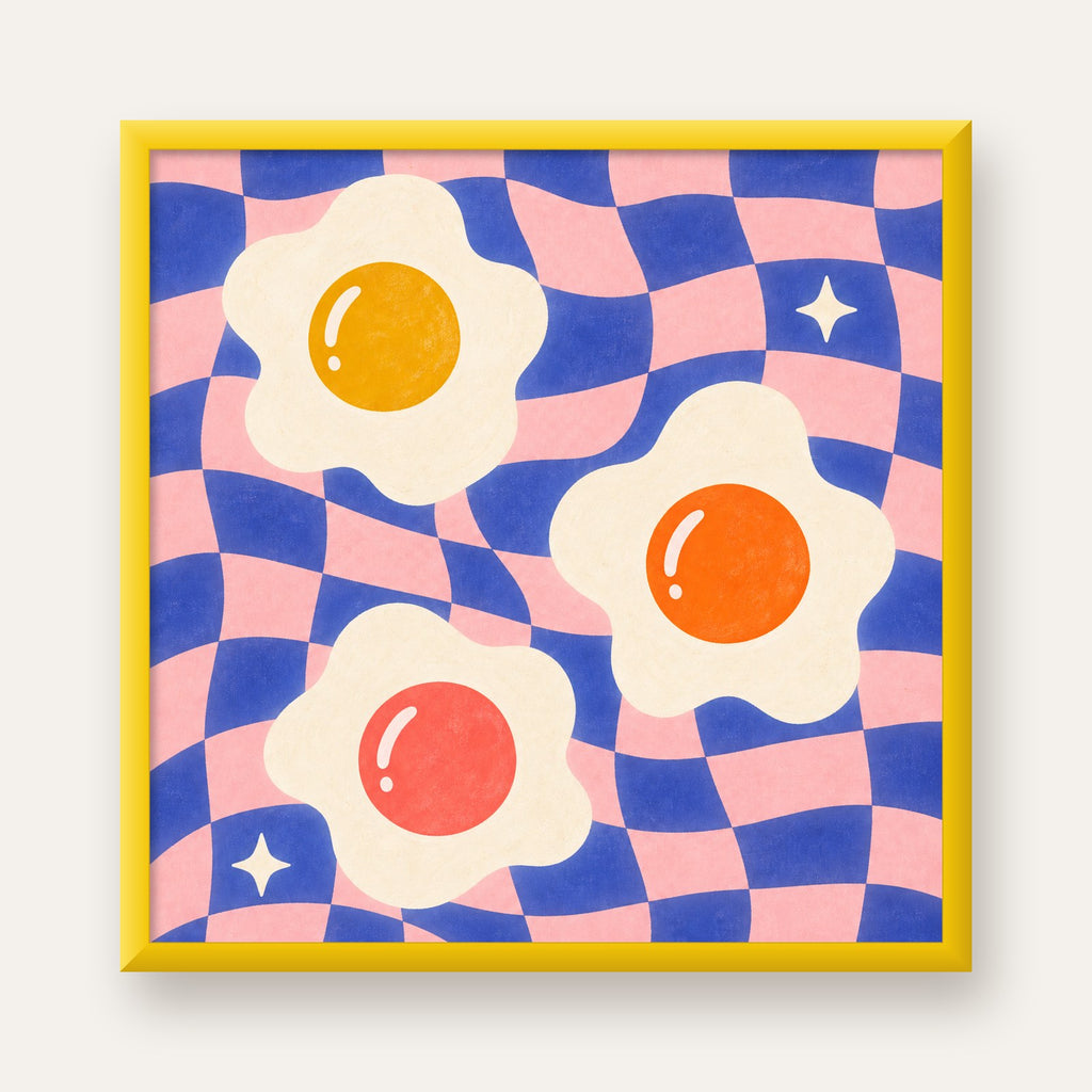Renkli Yumurta ve Dalgalı Desenli Pop-Art Poster — sarı çerçeveli