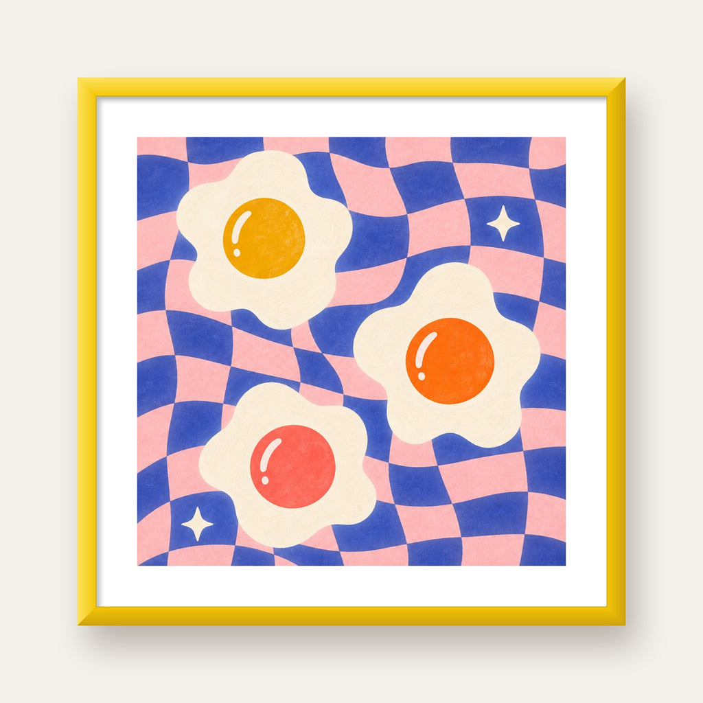 Renkli Yumurta ve Dalgalı Desenli Pop-Art Poster — sarı çerçeveli paspartulu