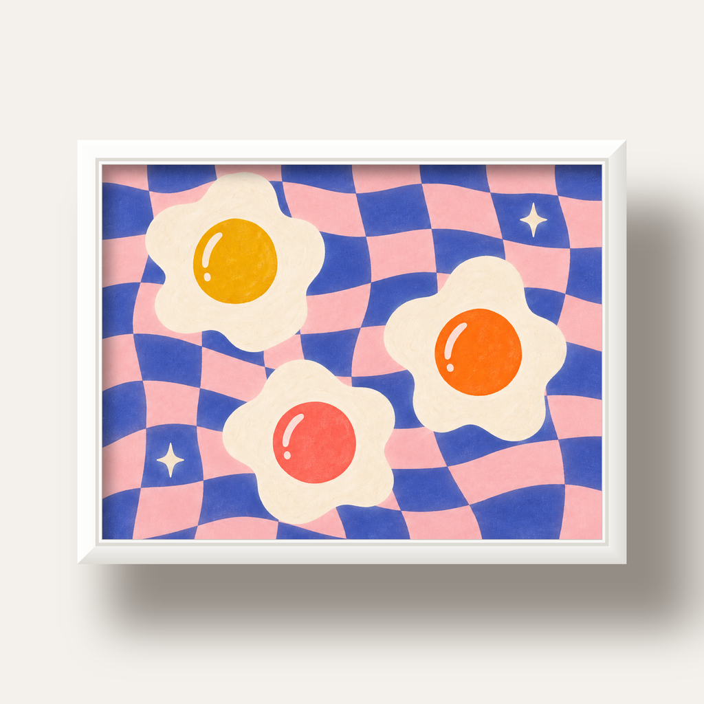 Renkli Yumurta ve Dalgalı Desenli Pop-Art Poster — beyaz derin çerçeveli