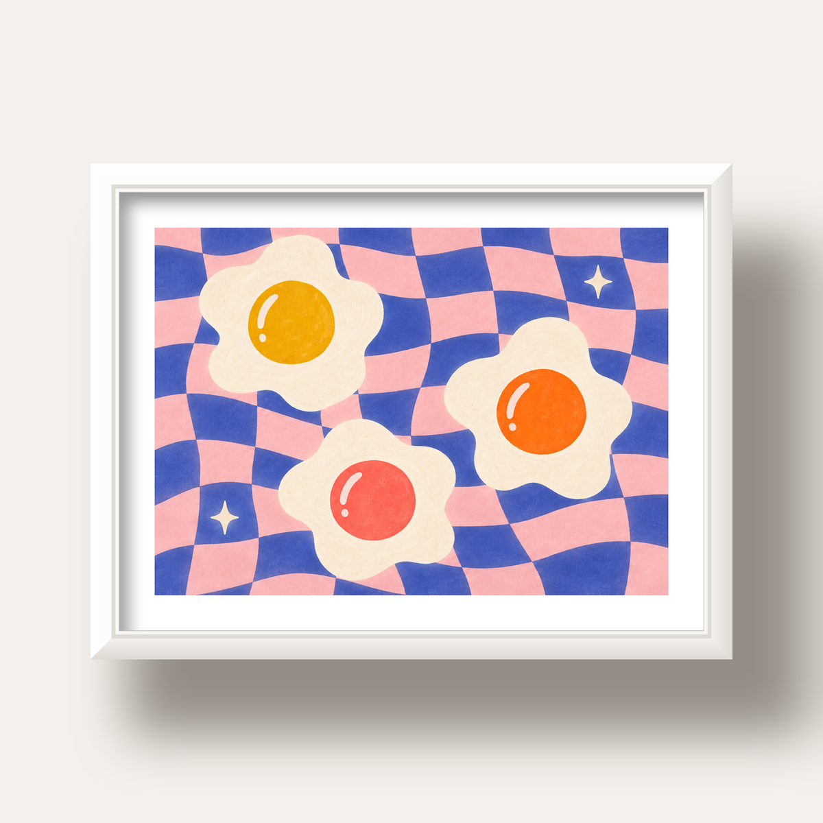 Renkli Yumurta ve Dalgalı Desenli Pop-Art Poster — beyaz derin çerçeveli paspartulu