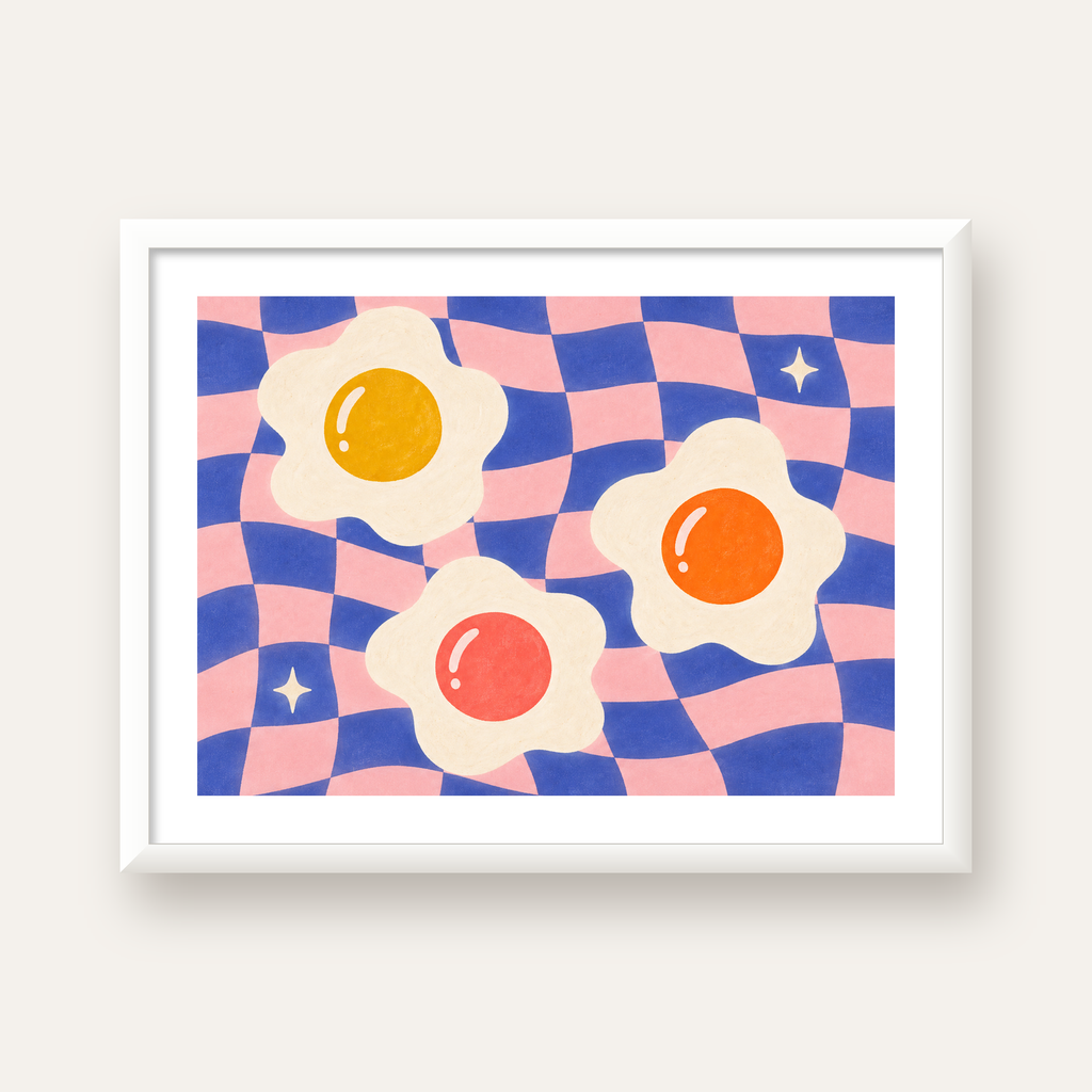 Renkli Yumurta ve Dalgalı Desenli Pop-Art Poster — beyaz çerçeveli yatay poster
