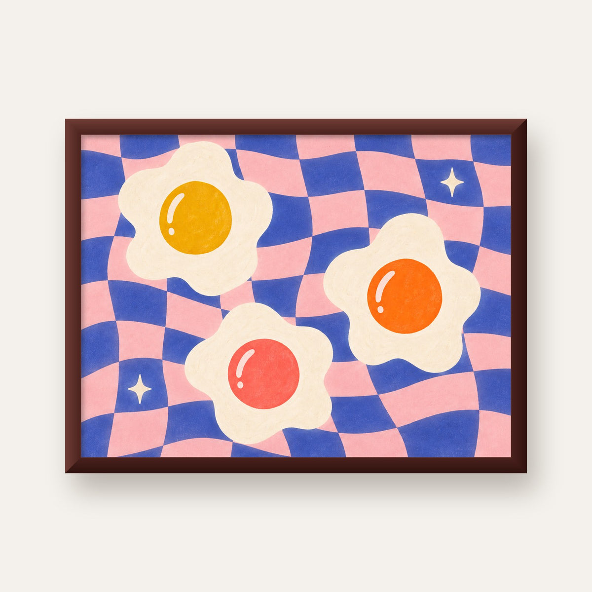 Renkli Yumurta ve Dalgalı Desenli Pop-Art Poster — ceviz çerçeveli