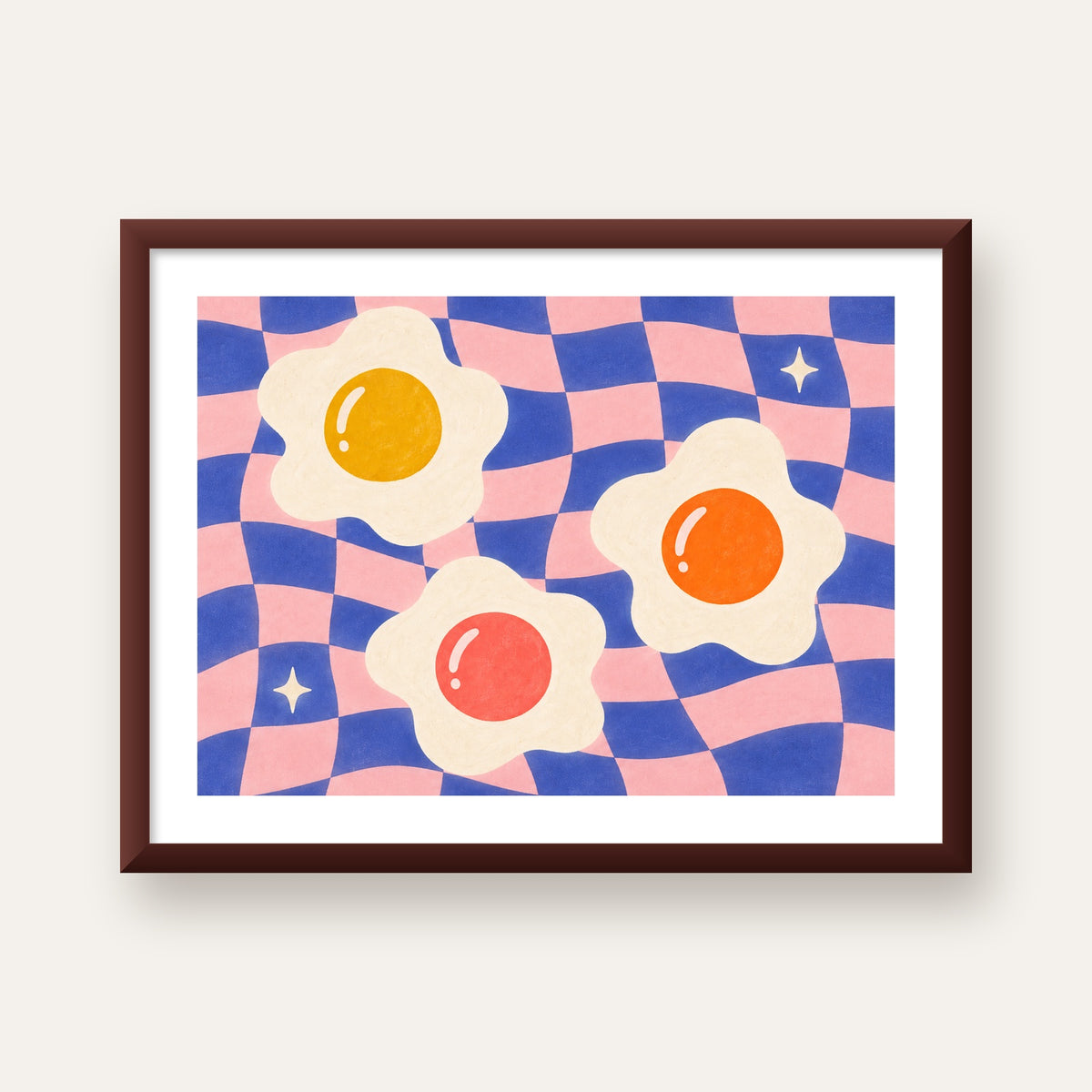 Renkli Yumurta ve Dalgalı Desenli Pop-Art Poster — ceviz çerçeveli paspartulu