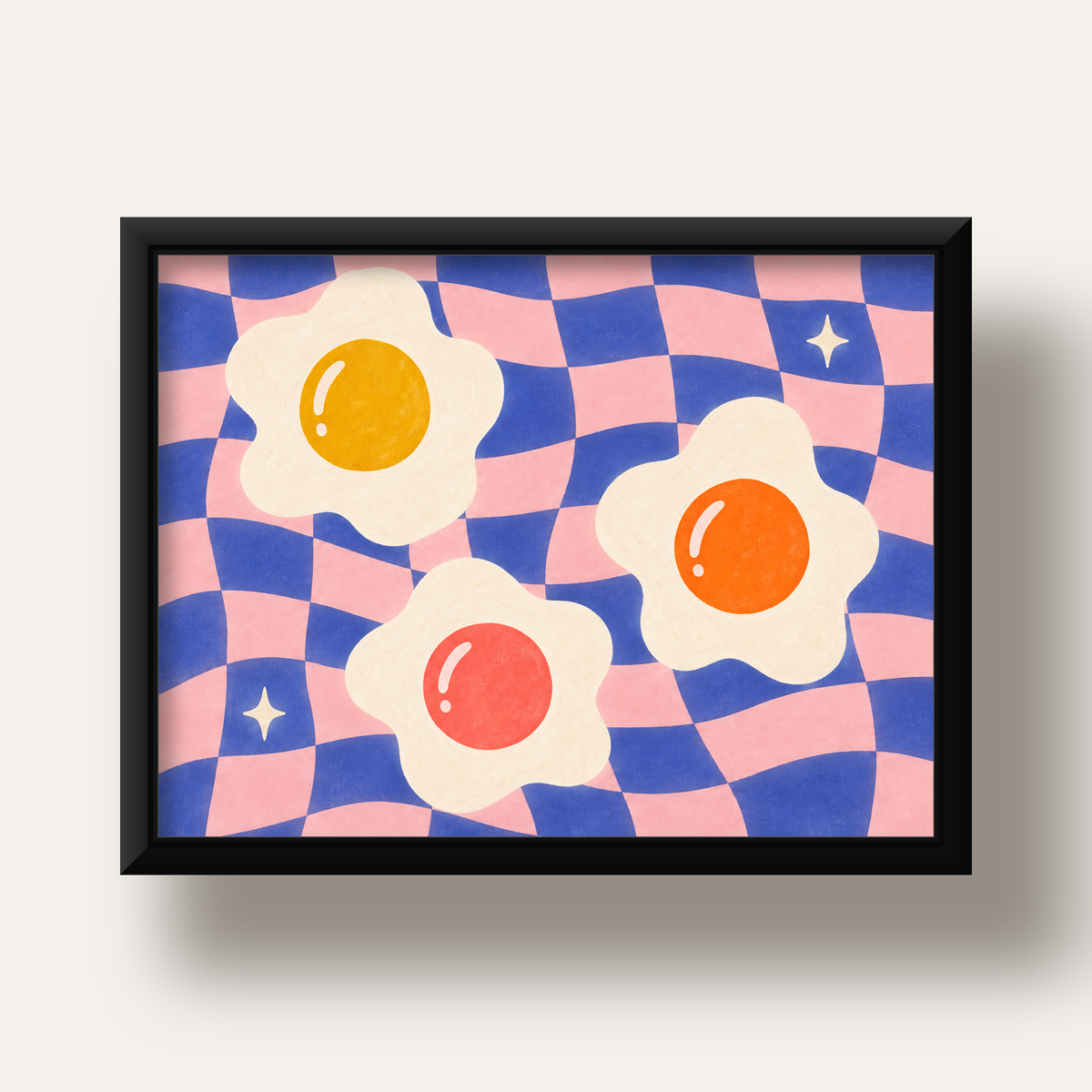 Renkli Yumurta ve Dalgalı Desenli Pop-Art Poster — siyah derin çerçeveli