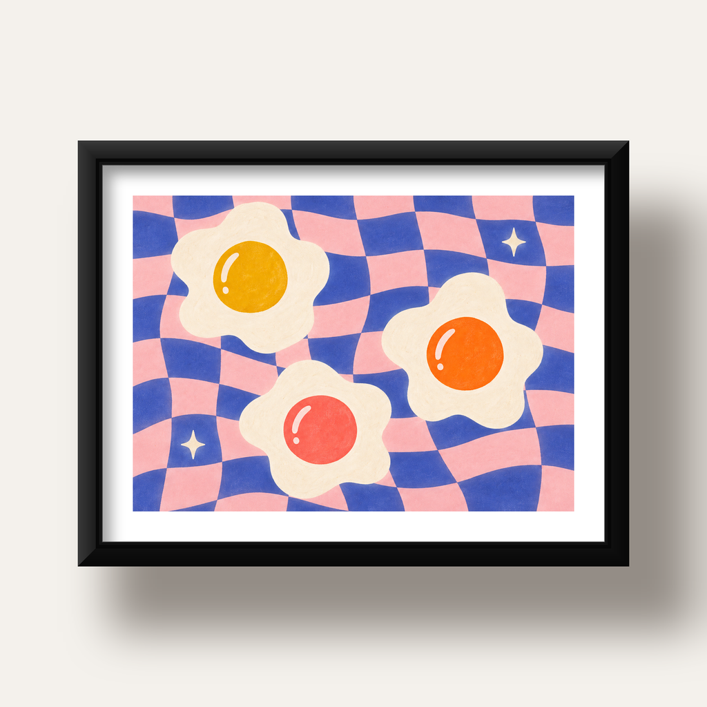 Renkli Yumurta ve Dalgalı Desenli Pop-Art Poster — siyah derin çerçeveli paspartulu