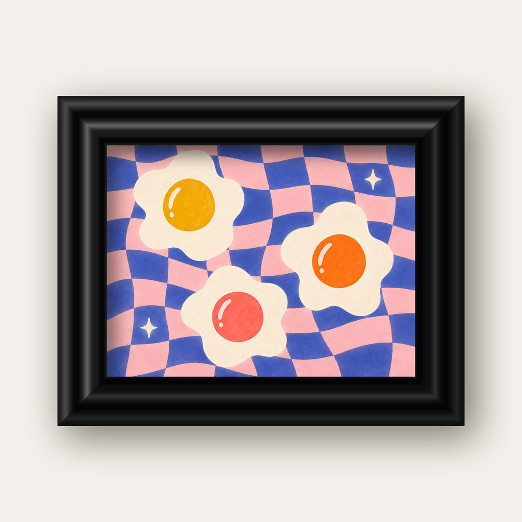 Renkli Yumurta ve Dalgalı Desenli Pop-Art Poster — siyah galeri çerçeveli