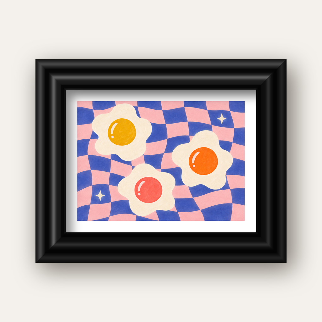 Renkli Yumurta ve Dalgalı Desenli Pop-Art Poster — siyah galeri çerçeveli paspartulu
