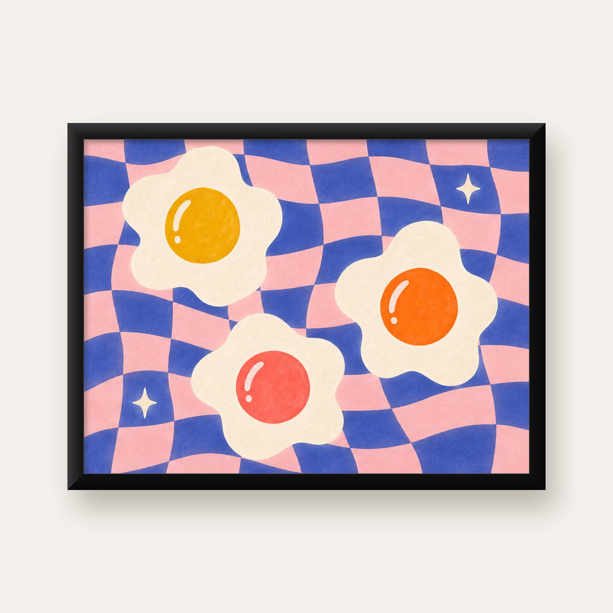 Renkli Yumurta ve Dalgalı Desenli Pop-Art Poster — Yatay baskı, düz siyah çerçeveli duvar posteri