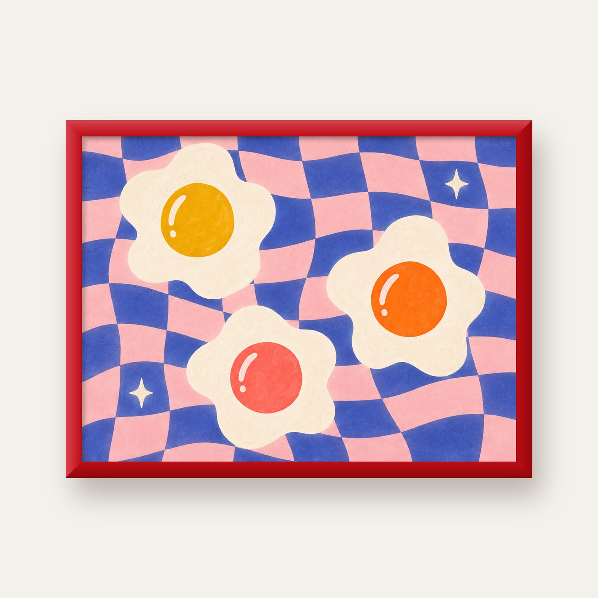 Renkli Yumurta ve Dalgalı Desenli Pop-Art Poster — kırmızı çerçeveli
