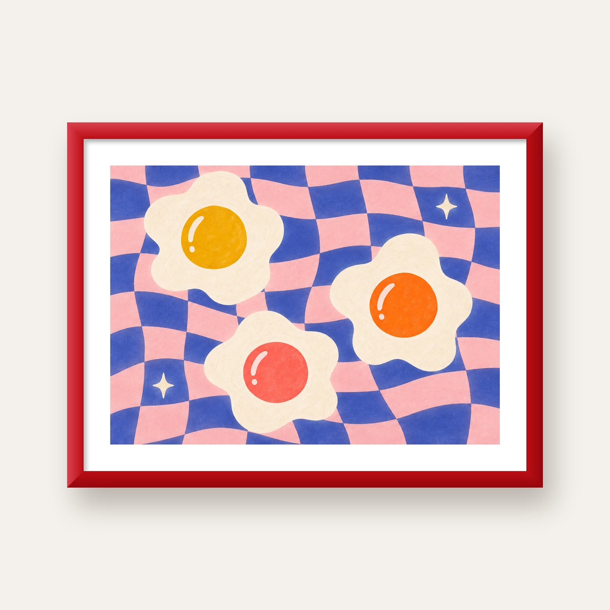 Renkli Yumurta ve Dalgalı Desenli Pop-Art Poster — kırmızı çerçeveli paspartulu