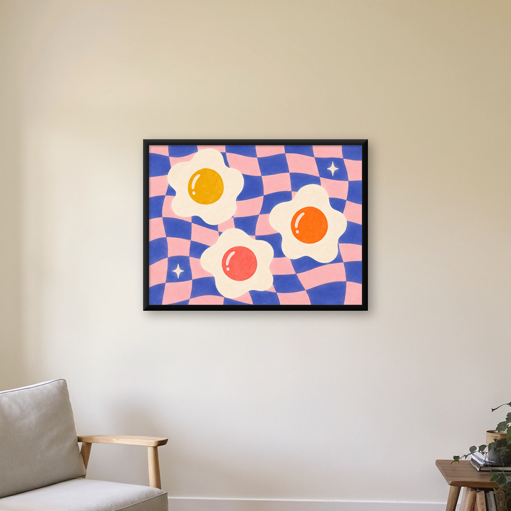 Renkli Yumurta ve Dalgalı Desenli Pop-Art Poster — Yatay baskı, çerçeveli hâliyle bir ev duvarında
