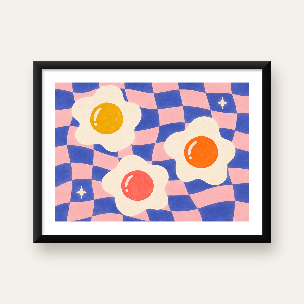 Renkli Yumurta ve Dalgalı Desenli Pop-Art Poster — Yatay baskı, beyaz paspartulu