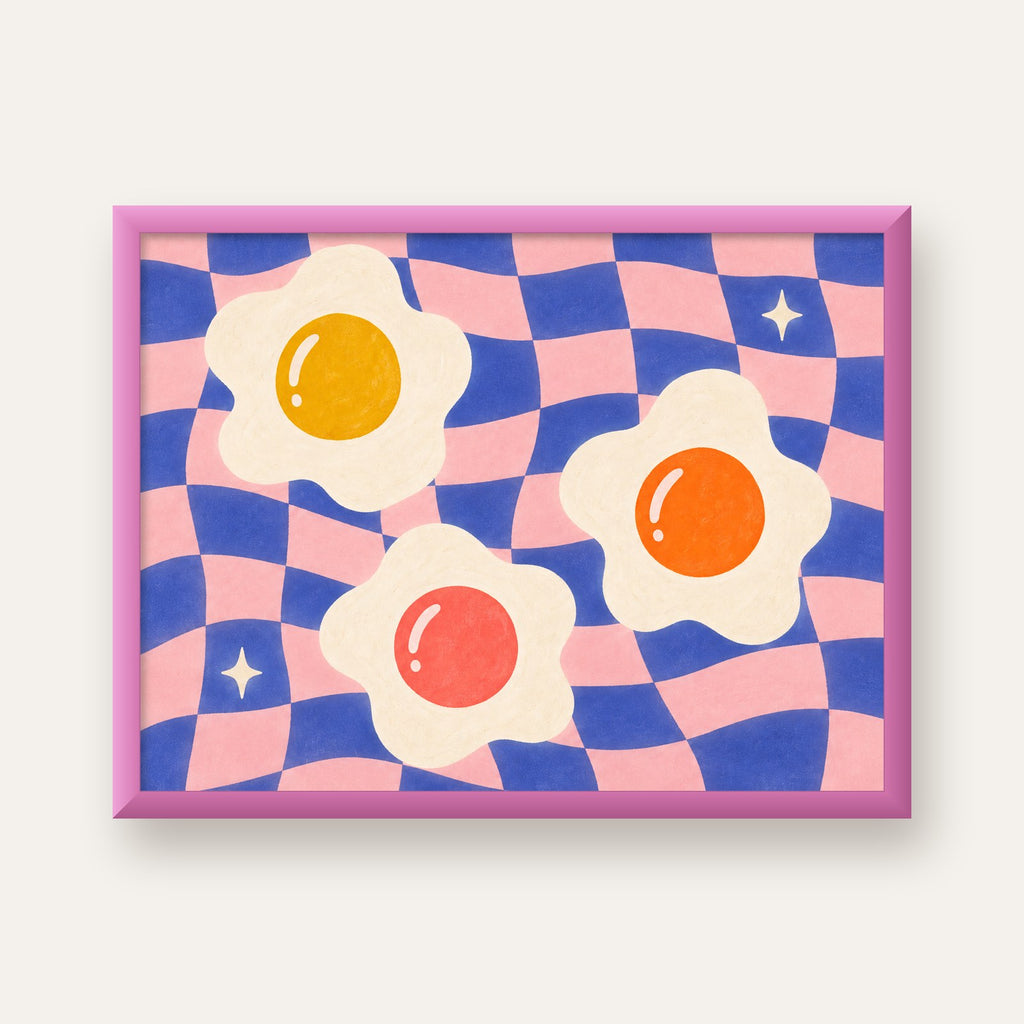 Renkli Yumurta ve Dalgalı Desenli Pop-Art Poster — pembe çerçeveli