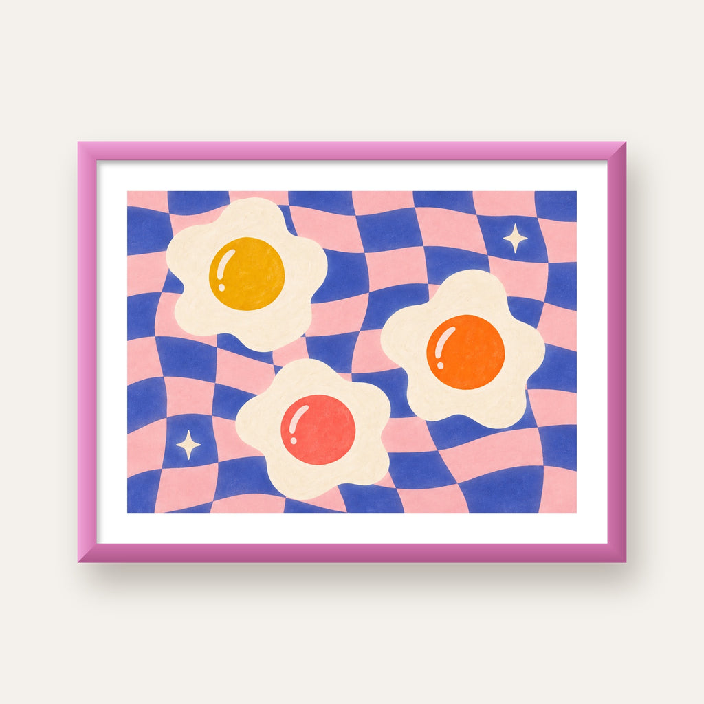 Renkli Yumurta ve Dalgalı Desenli Pop-Art Poster — pembe çerçeveli paspartulu