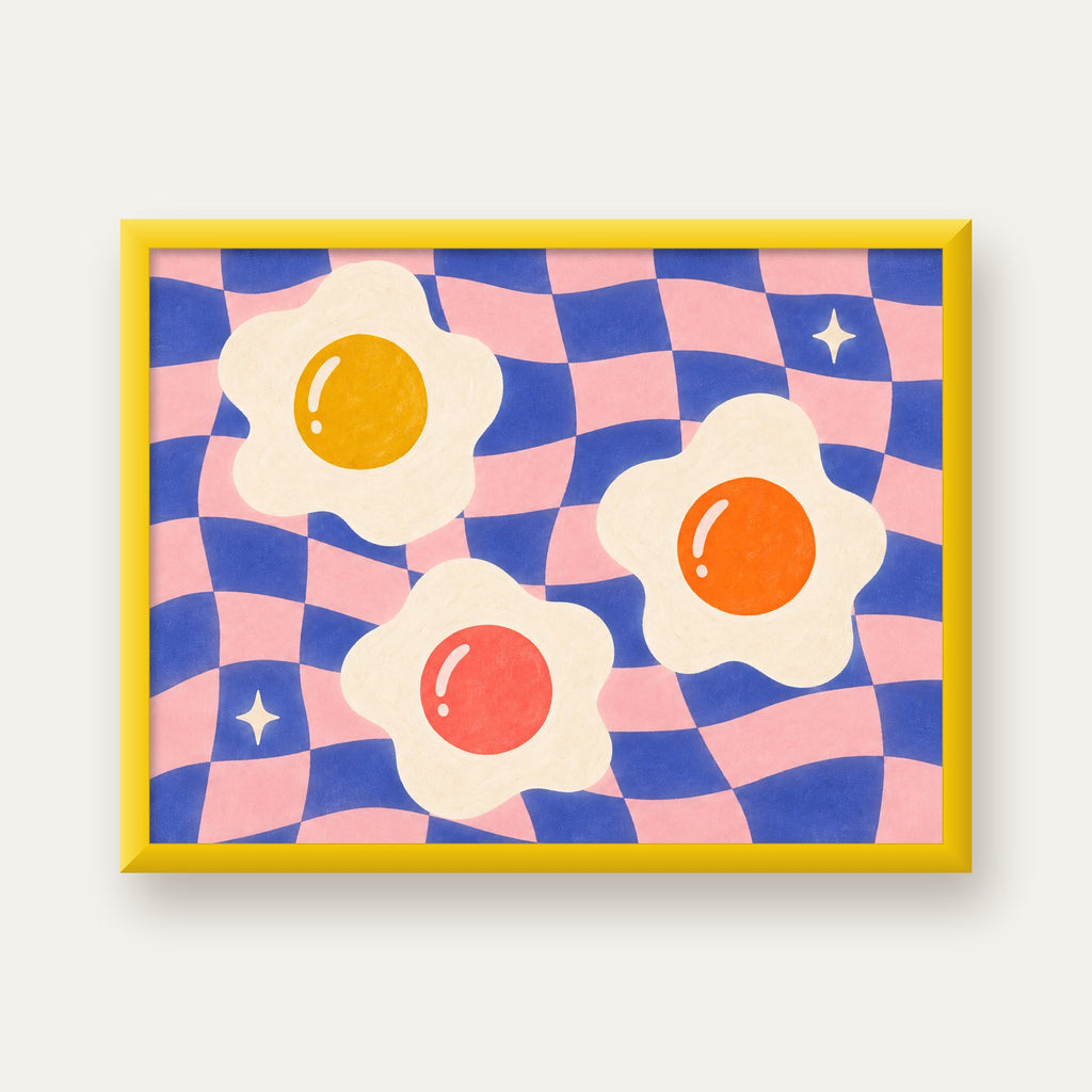 Renkli Yumurta ve Dalgalı Desenli Pop-Art Poster — sarı çerçeveli