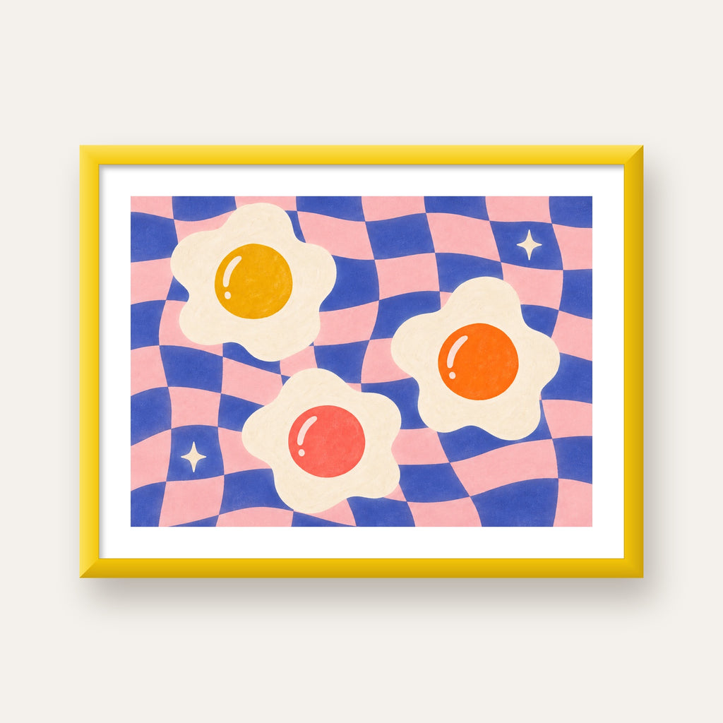 Renkli Yumurta ve Dalgalı Desenli Pop-Art Poster — sarı çerçeveli paspartulu