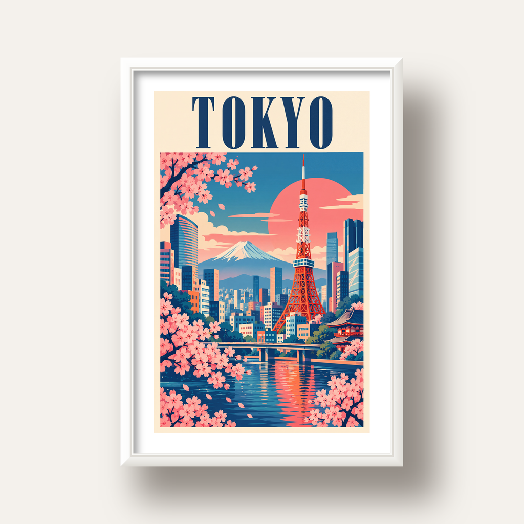Tokyo Manzarası & Kiraz Çiçekleri Retro Dijital Poster — beyaz derin çerçeveli paspartulu