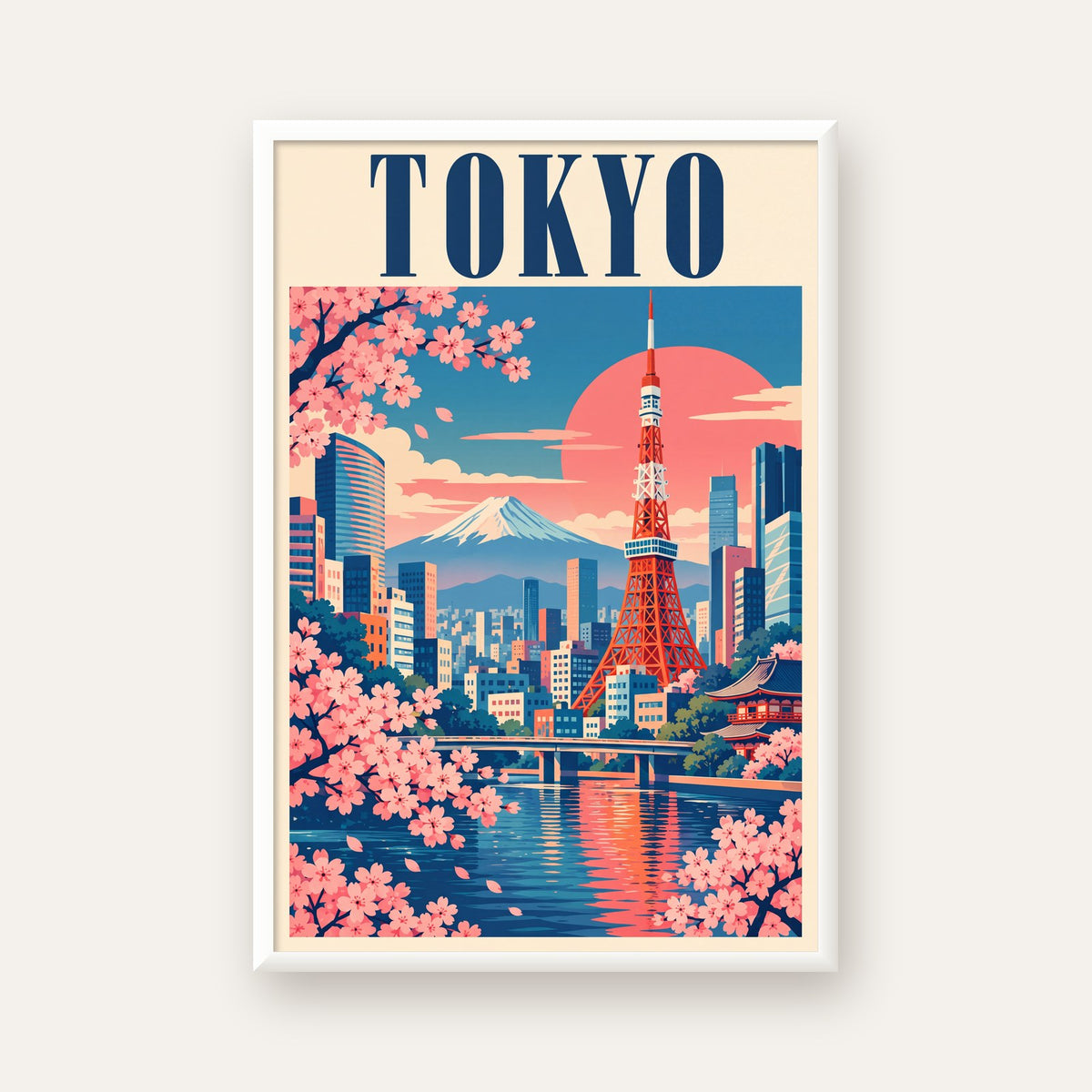 Tokyo Manzarası & Kiraz Çiçekleri Retro Dijital Poster — beyaz çerçeveli dikey poster