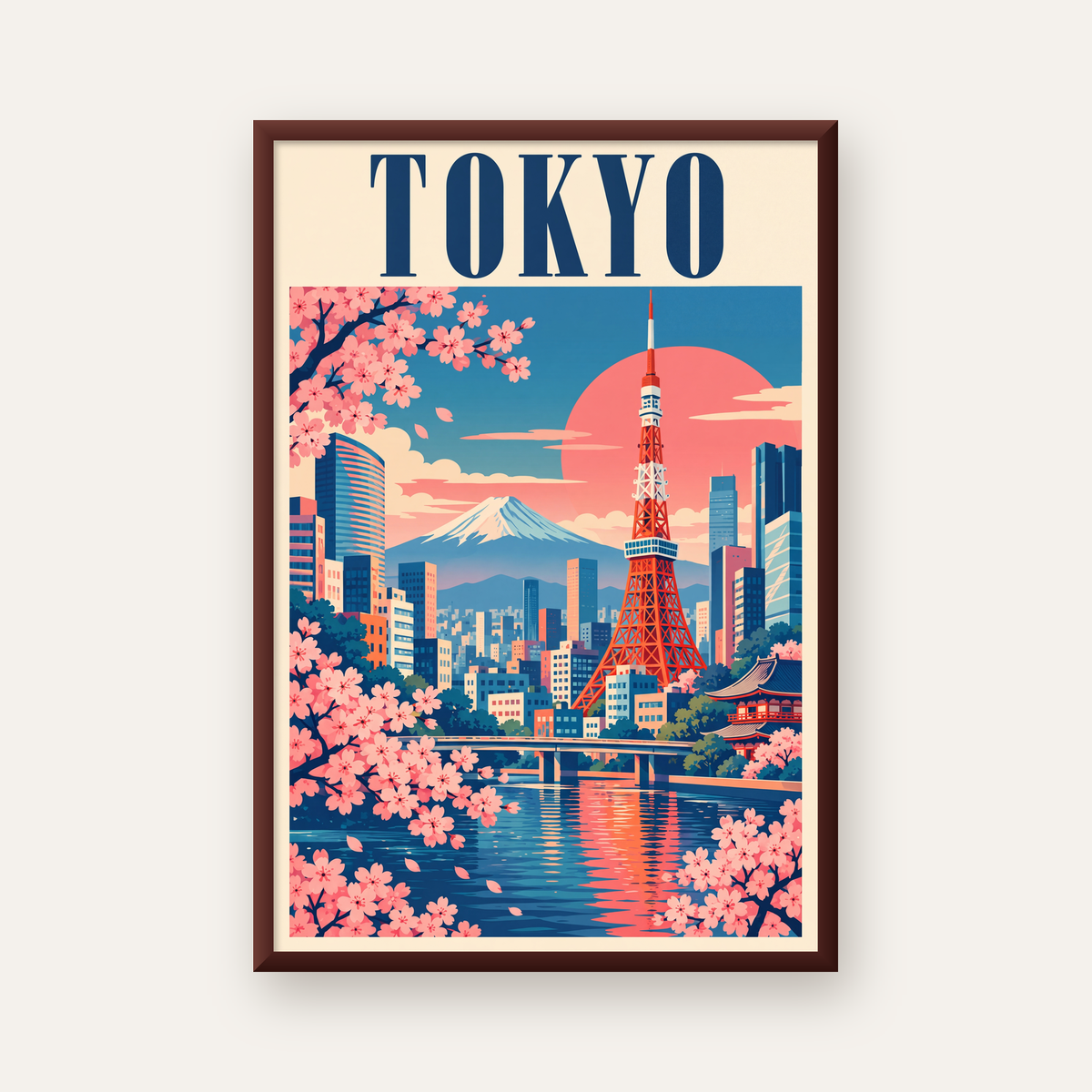 Tokyo Manzarası & Kiraz Çiçekleri Retro Dijital Poster — ceviz çerçeveli