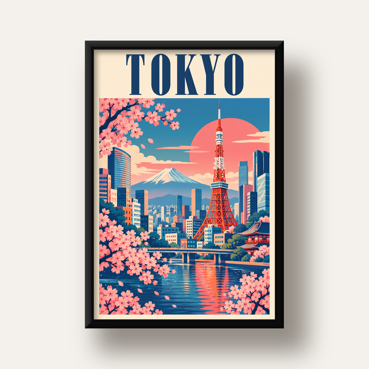 Tokyo Manzarası & Kiraz Çiçekleri Retro Dijital Poster — siyah derin çerçeveli