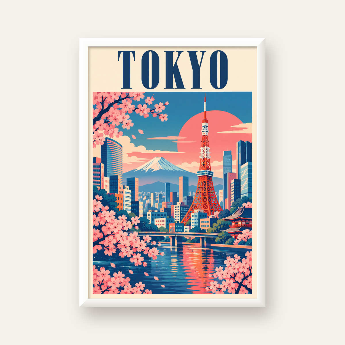 Tokyo Manzarası & Kiraz Çiçekleri Retro Dijital Poster — beyaz çerçeveli dikey poster
