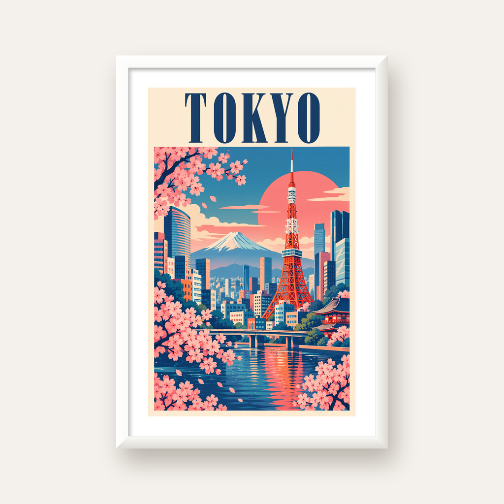 Tokyo Manzarası & Kiraz Çiçekleri Retro Dijital Poster — beyaz çerçeveli dikey poster