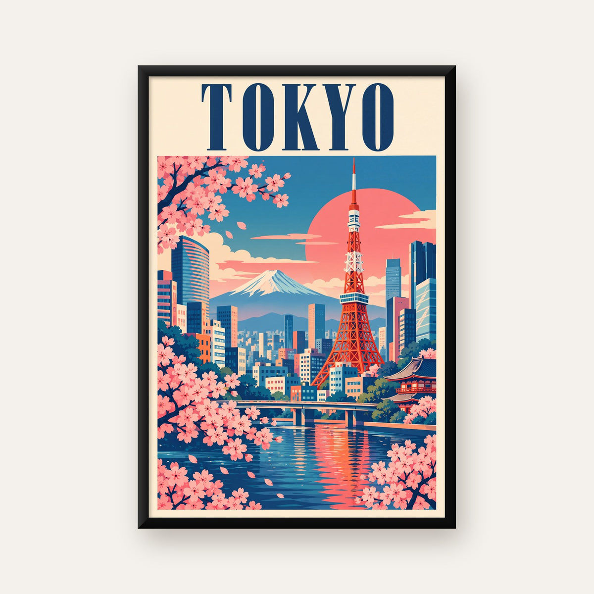 Tokyo Manzarası & Kiraz Çiçekleri Retro Dijital Poster — ceviz çerçeveli
