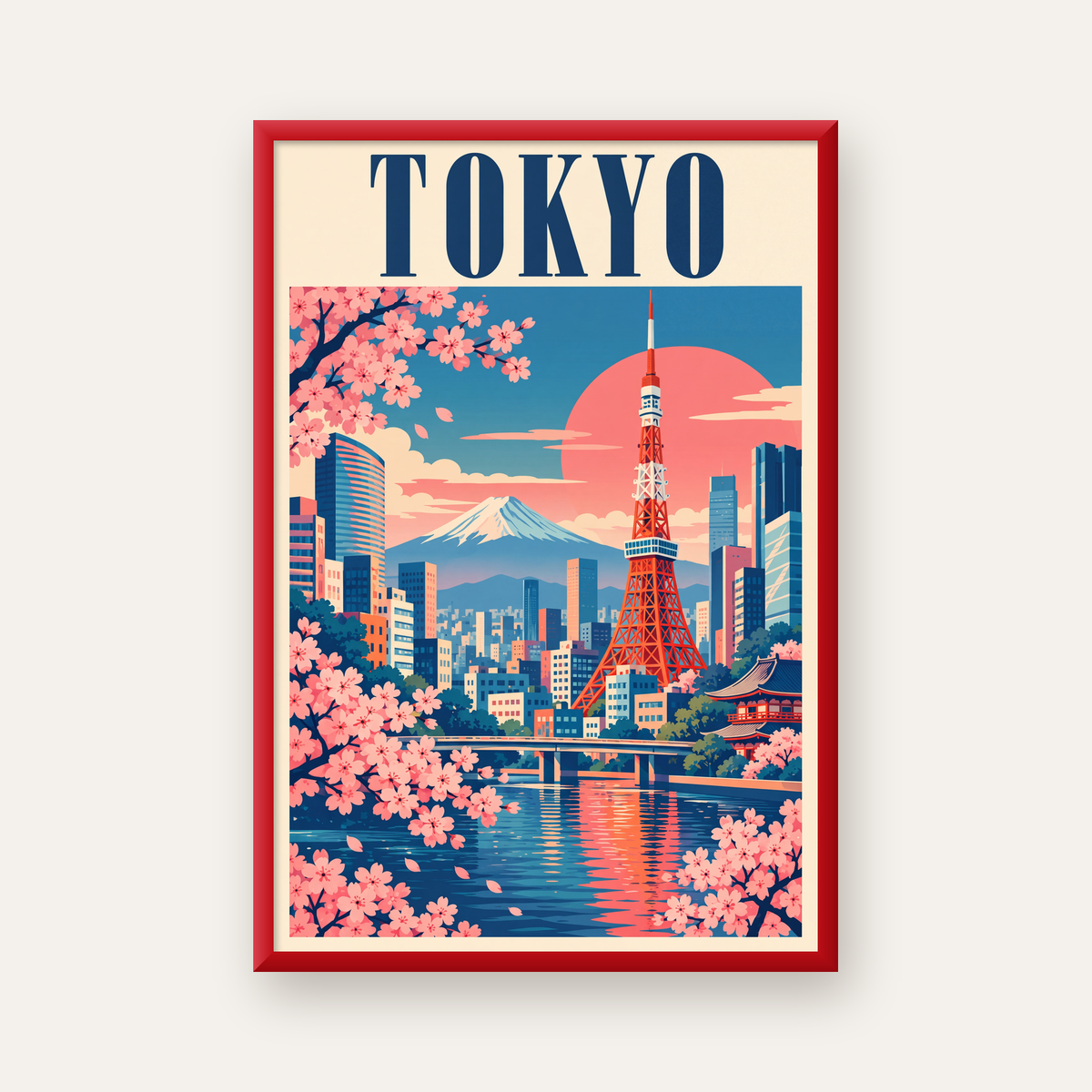 Tokyo Manzarası & Kiraz Çiçekleri Retro Dijital Poster — kırmızı çerçeveli