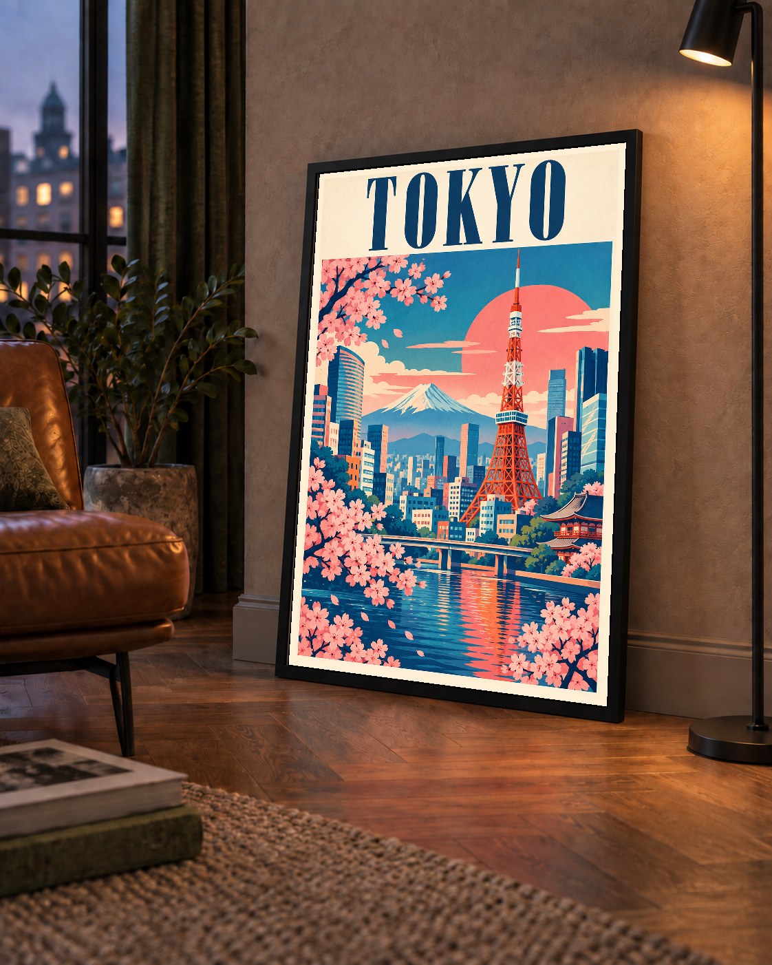 Tokyo Manzarası & Kiraz Çiçekleri Retro Dijital Poster