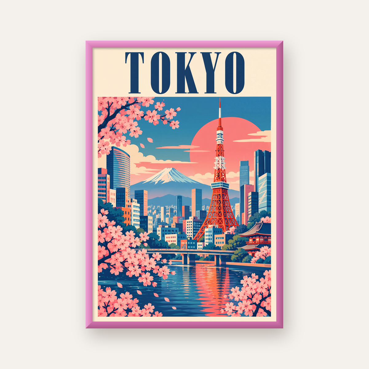 Tokyo Manzarası & Kiraz Çiçekleri Retro Dijital Poster — pembe çerçeveli