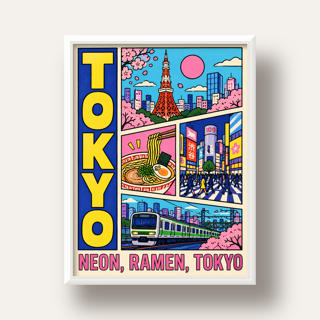 Renkli Tokyo Şehir Manzarası Çizgi Roman Poster — beyaz derin çerçeveli