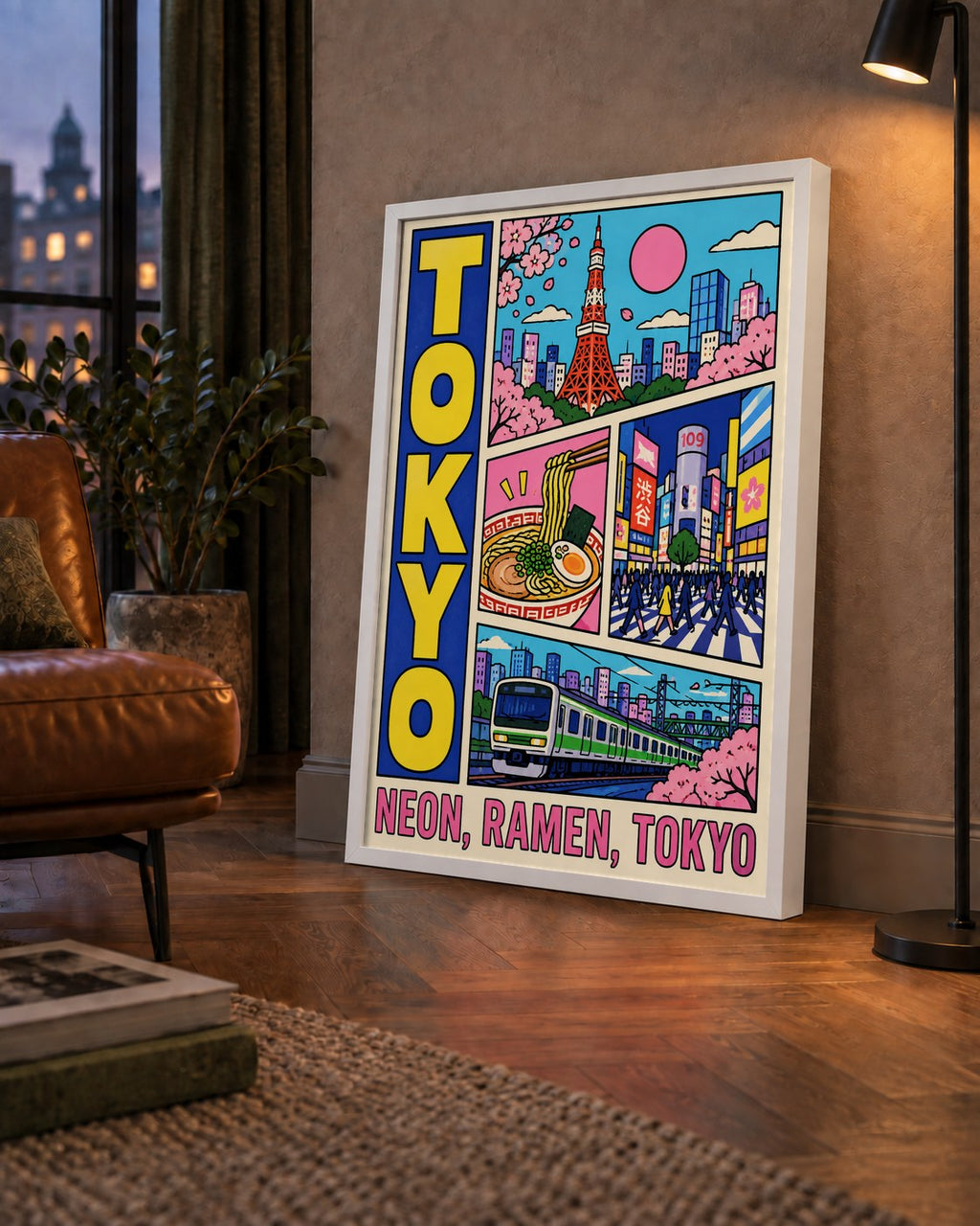 Renkli Tokyo Şehir Manzarası Çizgi Roman Poster — çerçeveli hâliyle bir ev duvarında