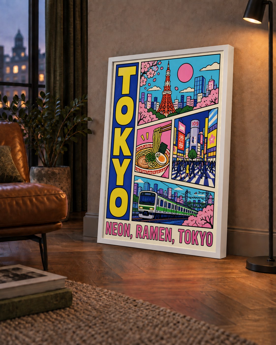 Renkli Tokyo Şehir Manzarası Çizgi Roman Poster — çerçeveli hâliyle bir ev duvarında