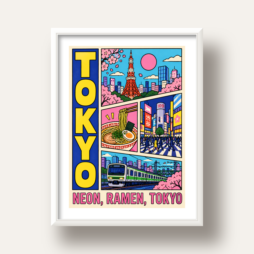 Renkli Tokyo Şehir Manzarası Çizgi Roman Poster — beyaz derin çerçeveli paspartulu