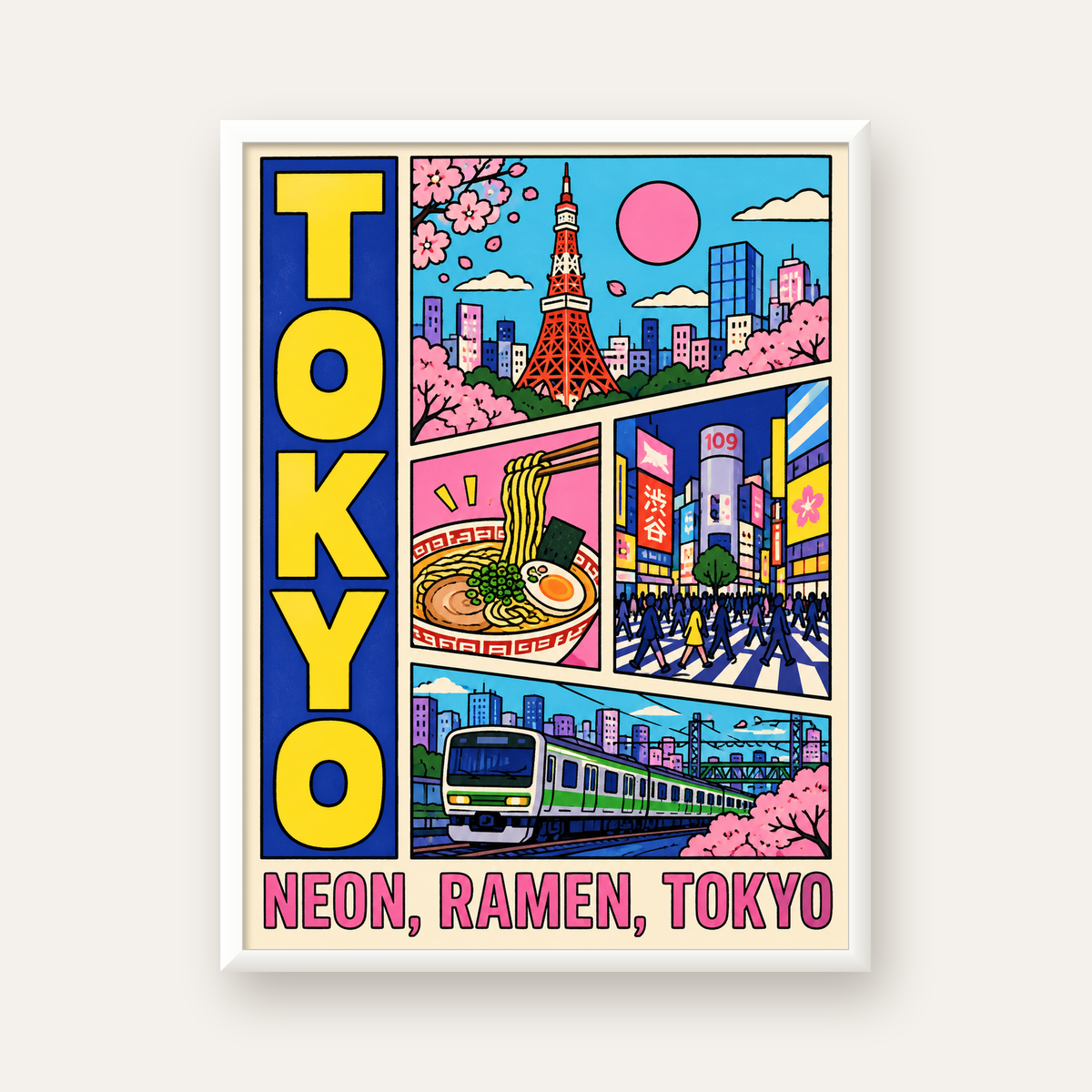 Renkli Tokyo Şehir Manzarası Çizgi Roman Poster — beyaz çerçeveli dikey poster