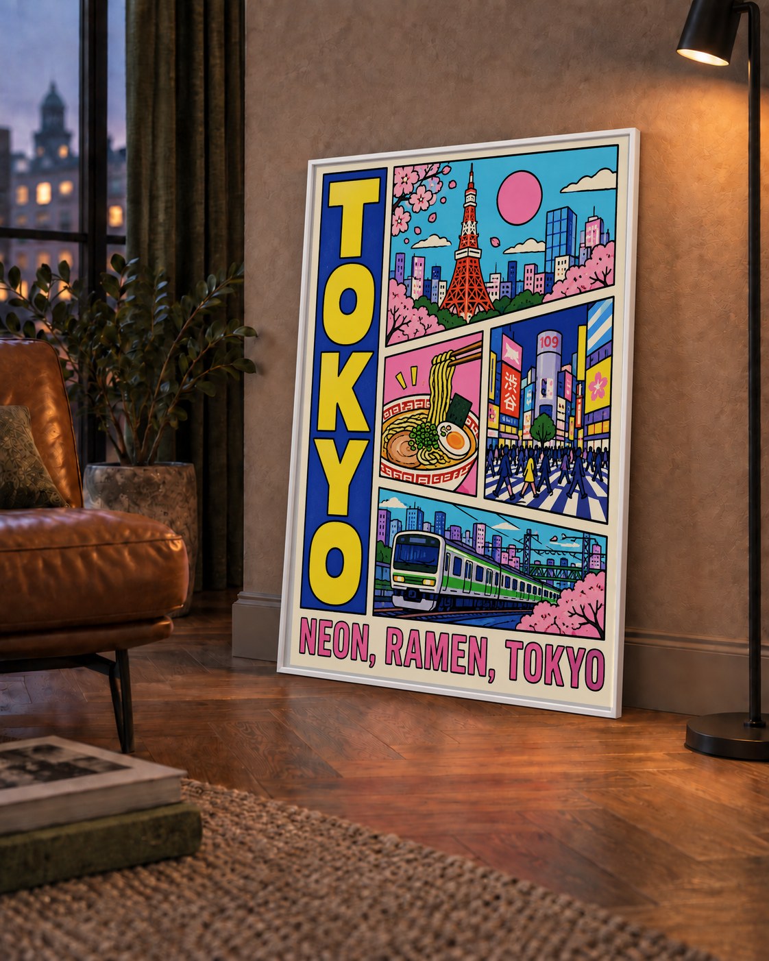 Renkli Tokyo Şehir Manzarası Çizgi Roman Poster — çerçeveli hâliyle bir ev duvarında