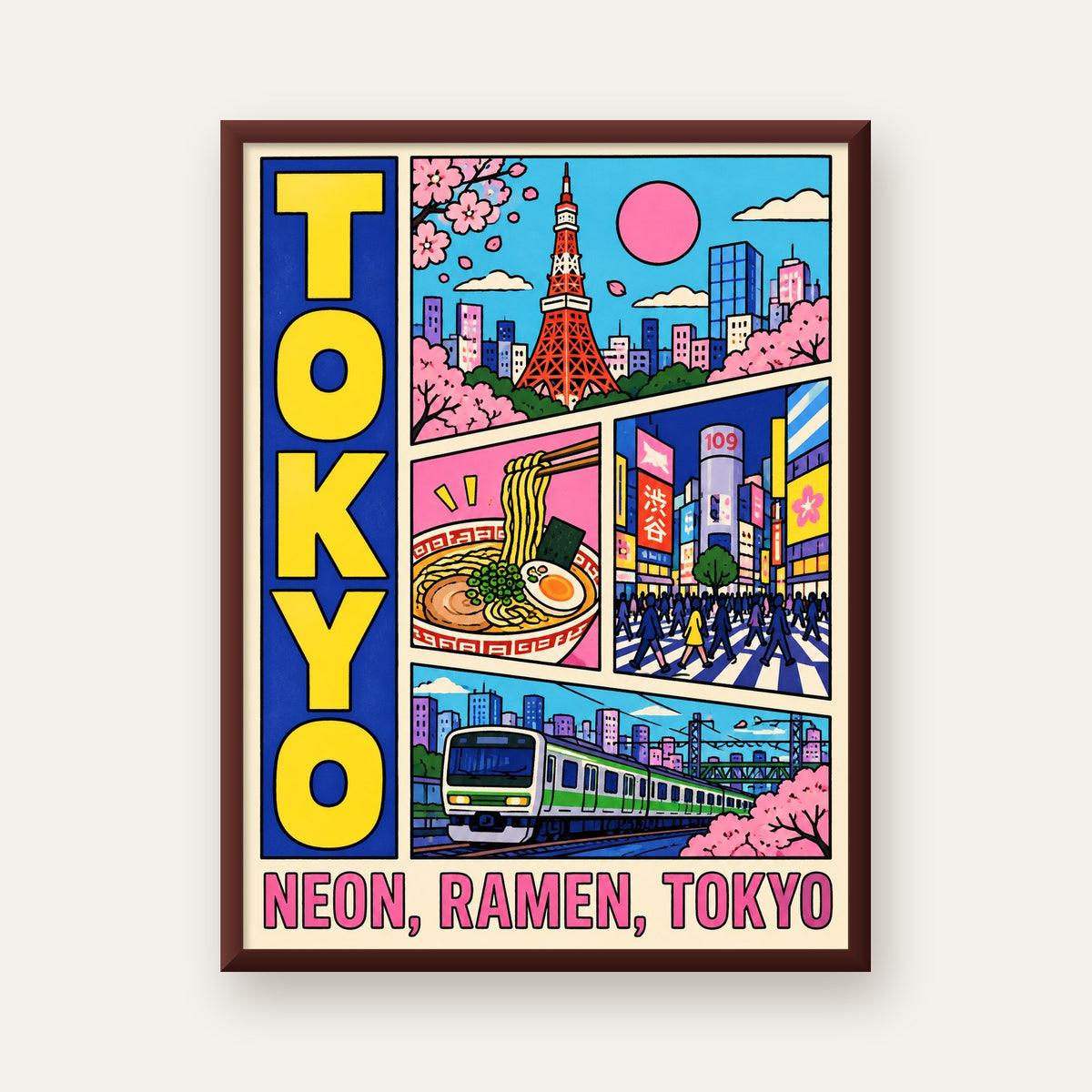 Renkli Tokyo Şehir Manzarası Çizgi Roman Poster — ceviz çerçeveli