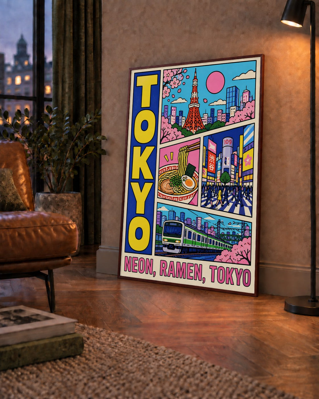 Renkli Tokyo Şehir Manzarası Çizgi Roman Poster — çerçeveli hâliyle bir ev duvarında