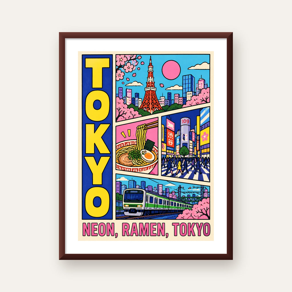 Renkli Tokyo Şehir Manzarası Çizgi Roman Poster — ceviz çerçeveli paspartulu