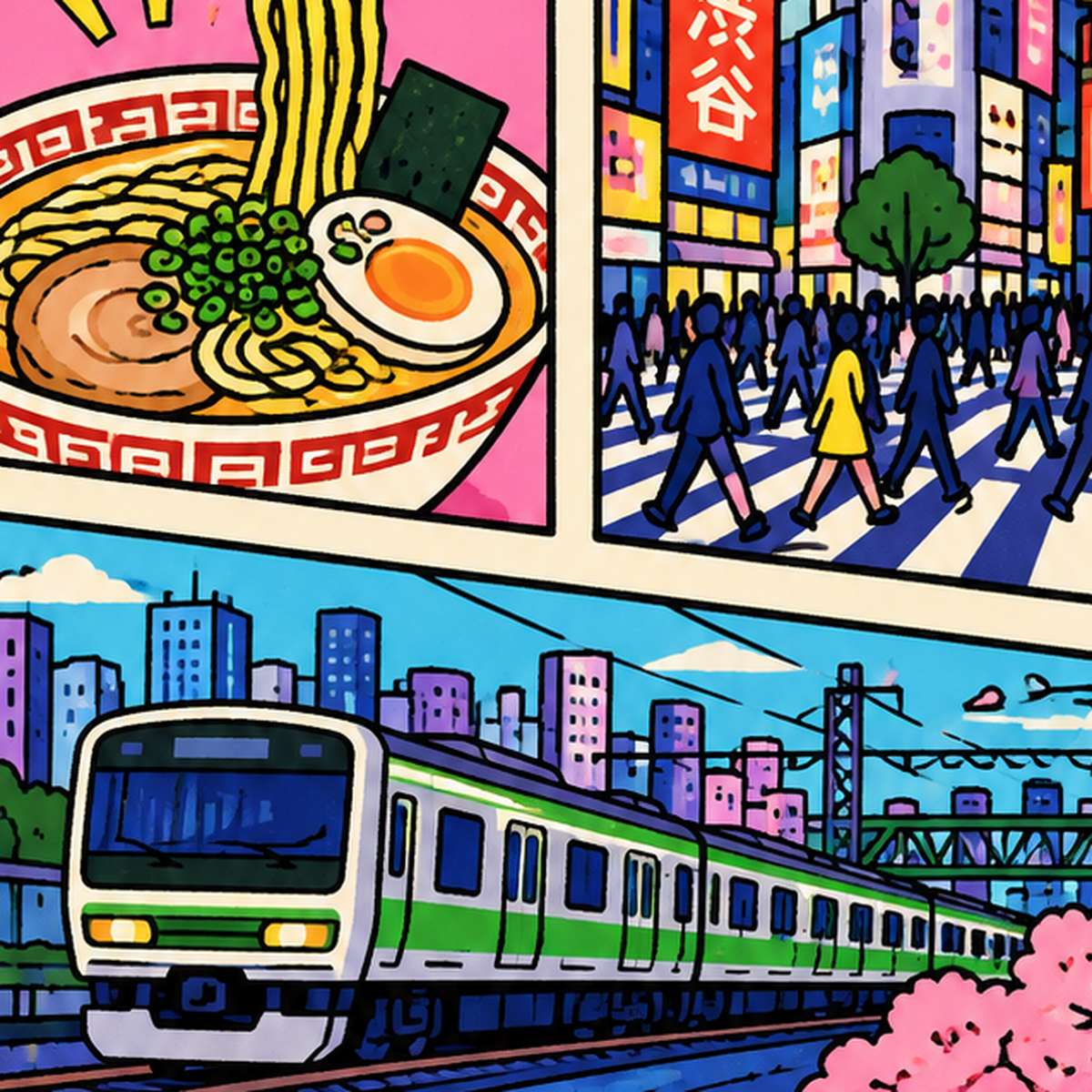 Renkli Tokyo Şehir Manzarası Çizgi Roman Poster — baskının yakın çekimi, kâğıt dokusu ve renk detayı