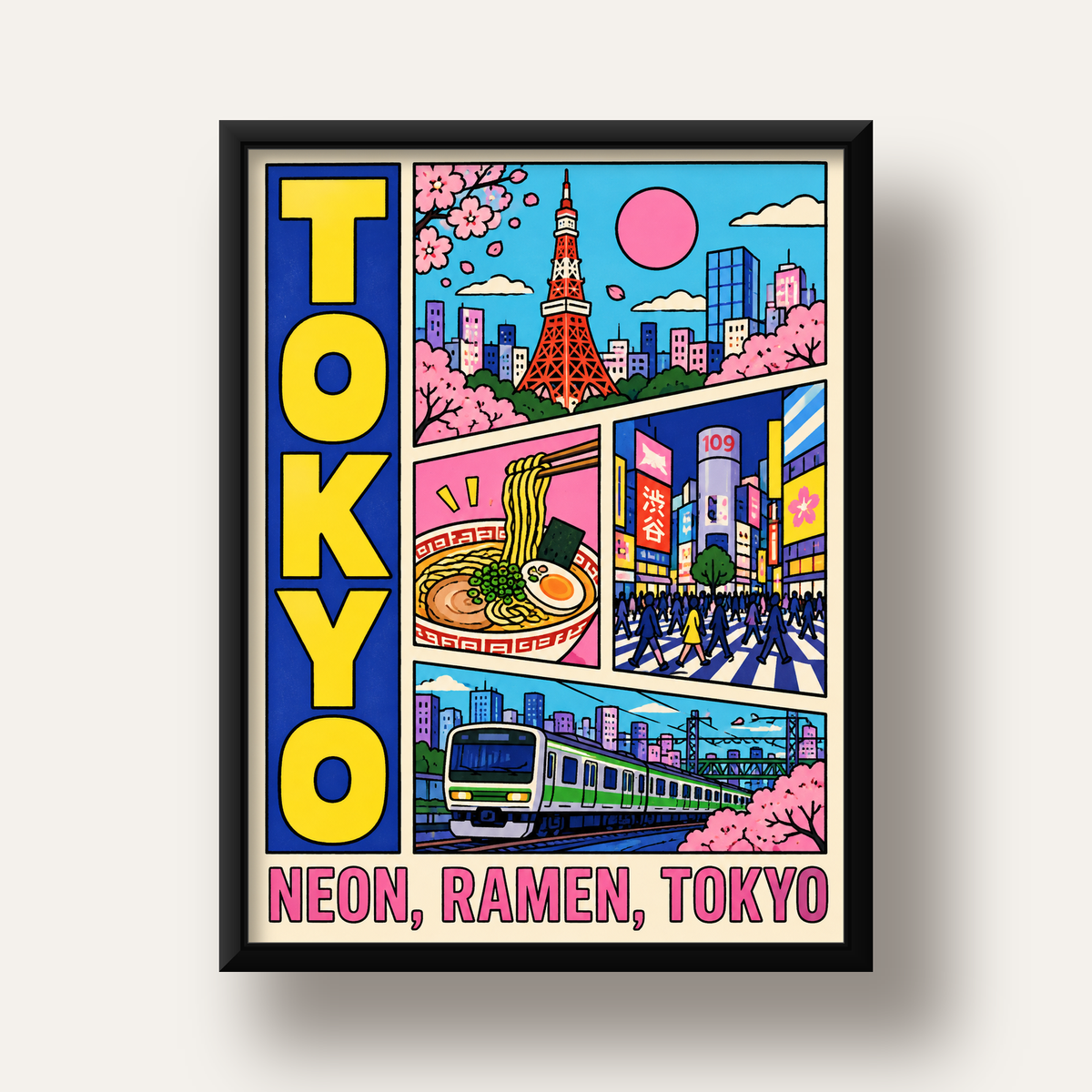 Renkli Tokyo Şehir Manzarası Çizgi Roman Poster — siyah derin çerçeveli