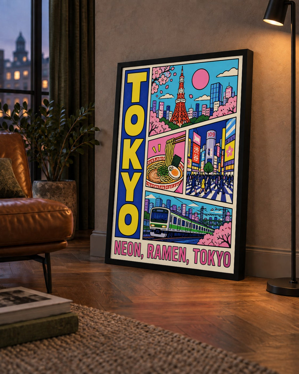 Renkli Tokyo Şehir Manzarası Çizgi Roman Poster — çerçeveli hâliyle bir ev duvarında