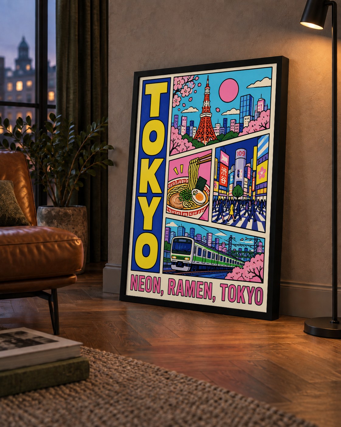 Renkli Tokyo Şehir Manzarası Çizgi Roman Poster — çerçeveli hâliyle bir ev duvarında